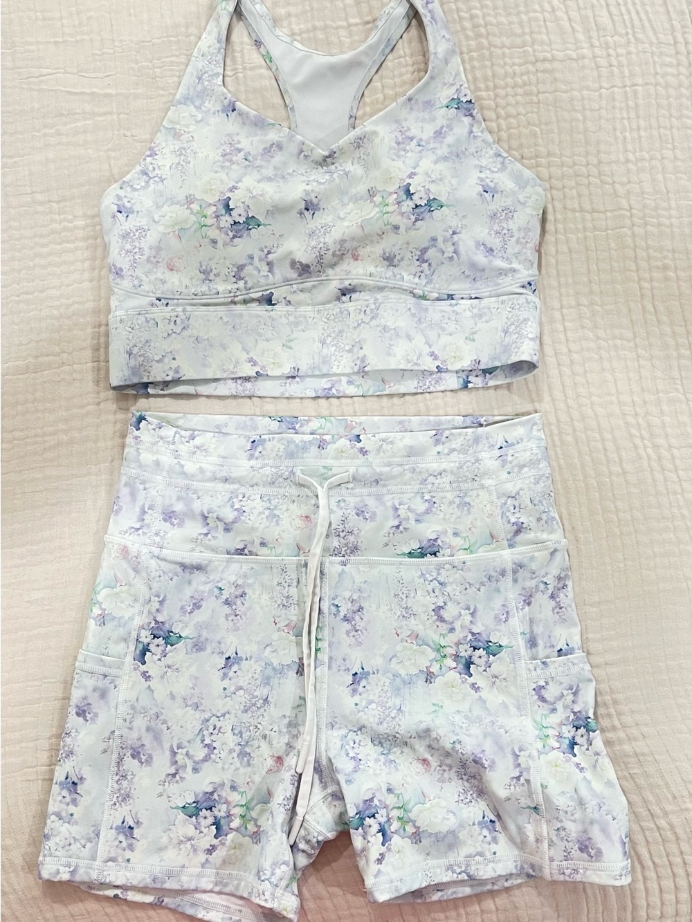 Women’s Floral Active Shorts with Matching bra Top - White & Light Purple floral